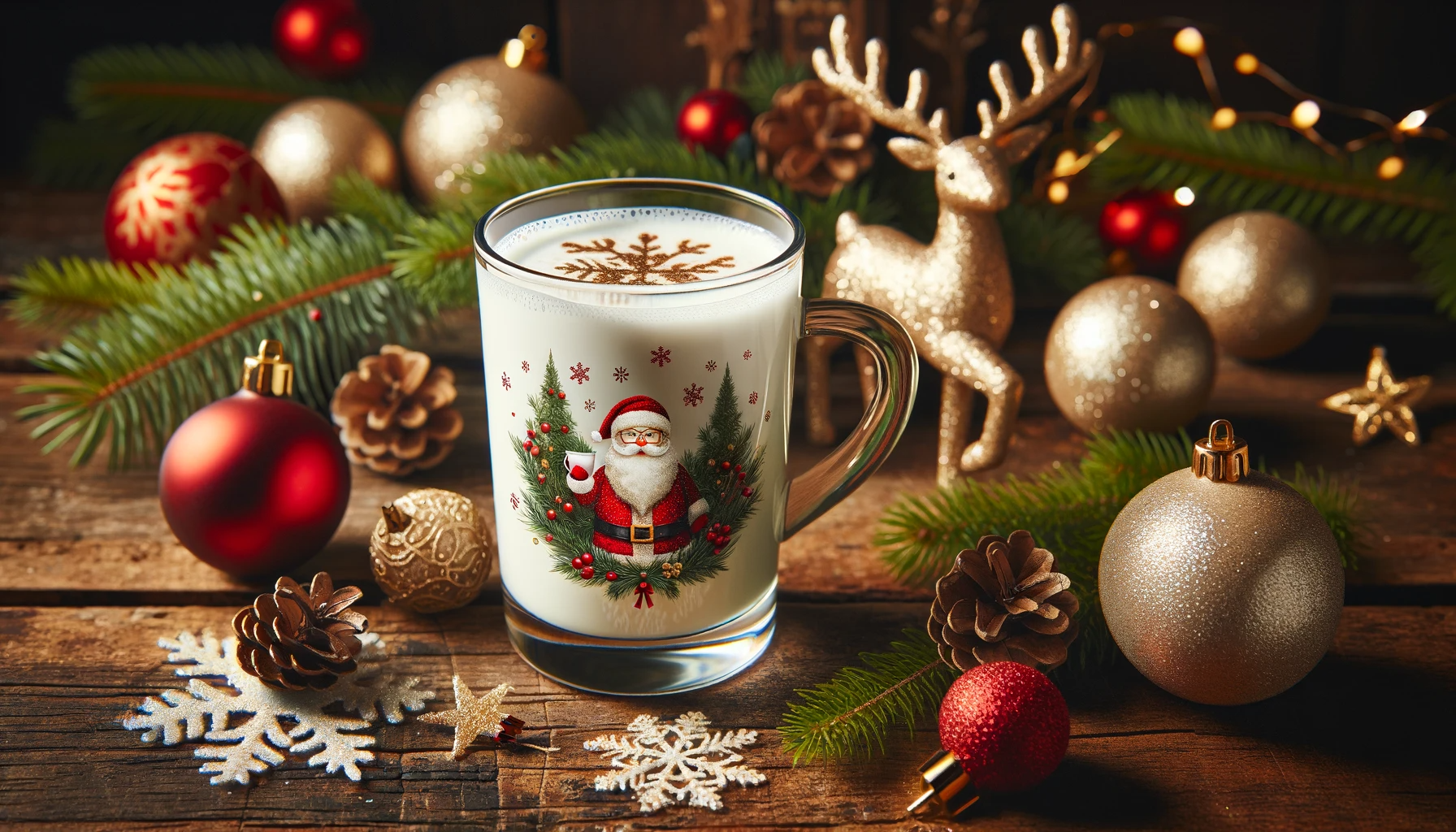 DALLE 2023-11-29 14.23.19 - A festive Christmas scene featuring a clear glass mug in the center filled with a white beverage, possibly hot milk or a latte, printed with a motif r