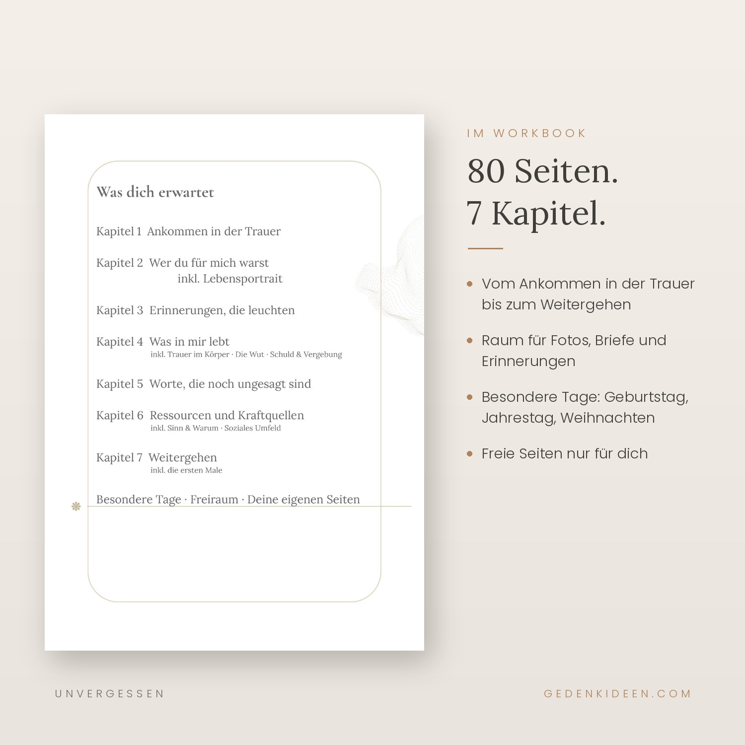 Trauer-Workbook: 80 Seiten, 7 Kapitel – Inhaltsverzeichnis
