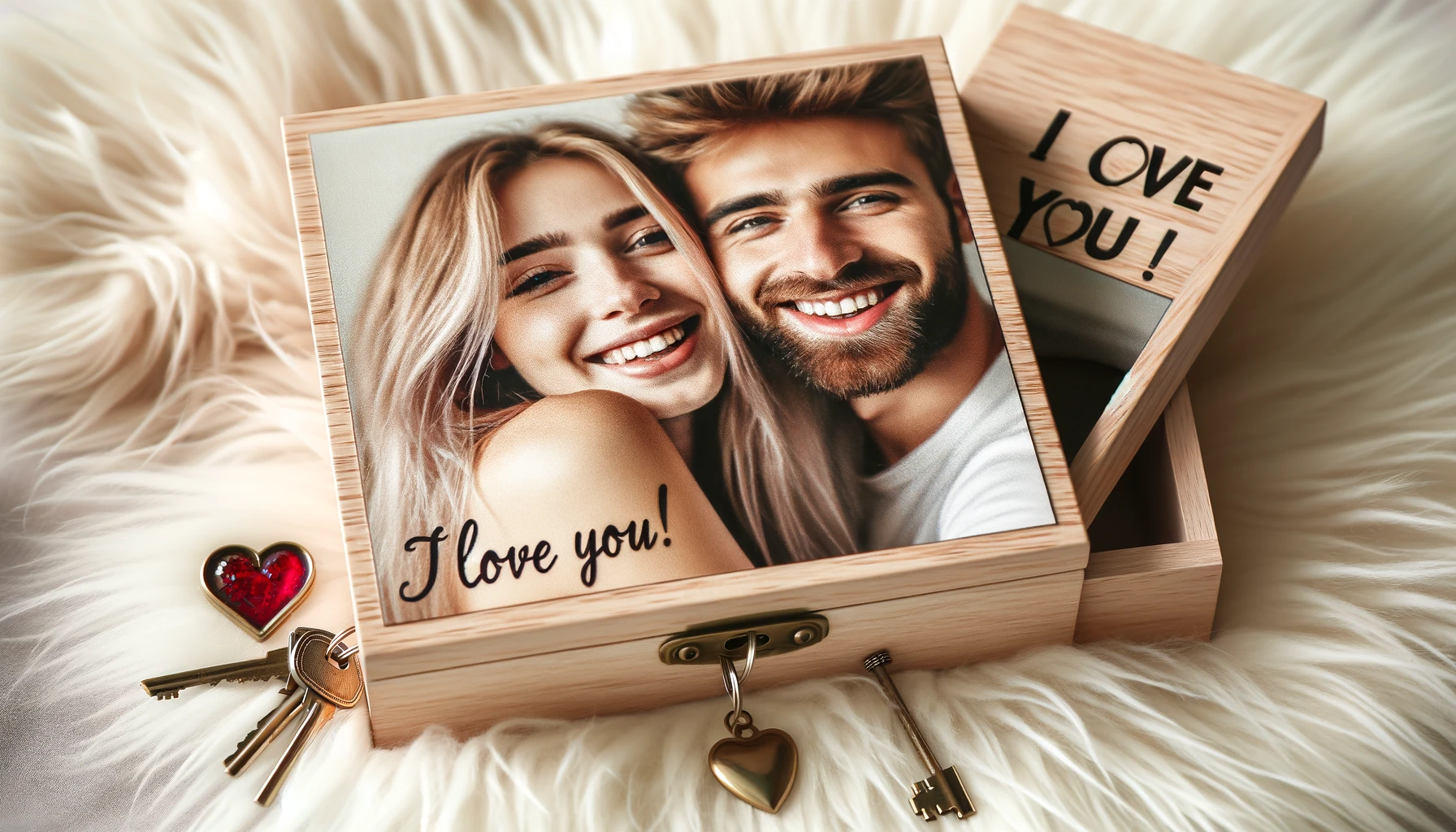 DALLE 2023-11-29 14.20.58 - A wooden jewelry box with a lid featuring a photo of a smiling couple - a blonde woman and a man with dark hair standing close together and looking ha